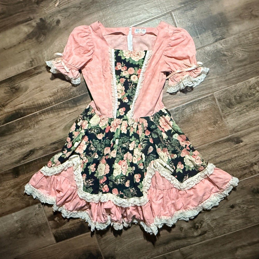 Judy Hoppes VTG Womens Cottagecore Floral Lace Ruffle Lolita Square Dress,Pink,M - Picture 1 of 11